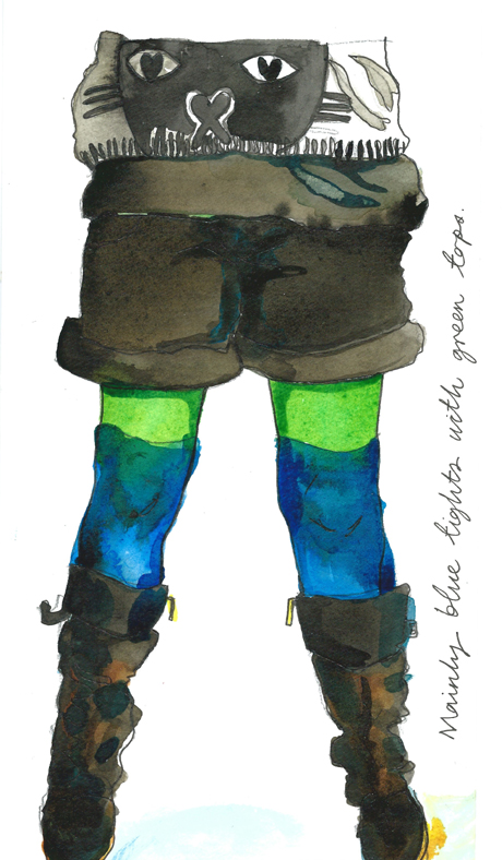 Blue tights with green tops by Myfanwy Tristram