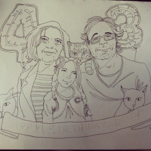 Birthday card line drawing by Myfanwy Tristram