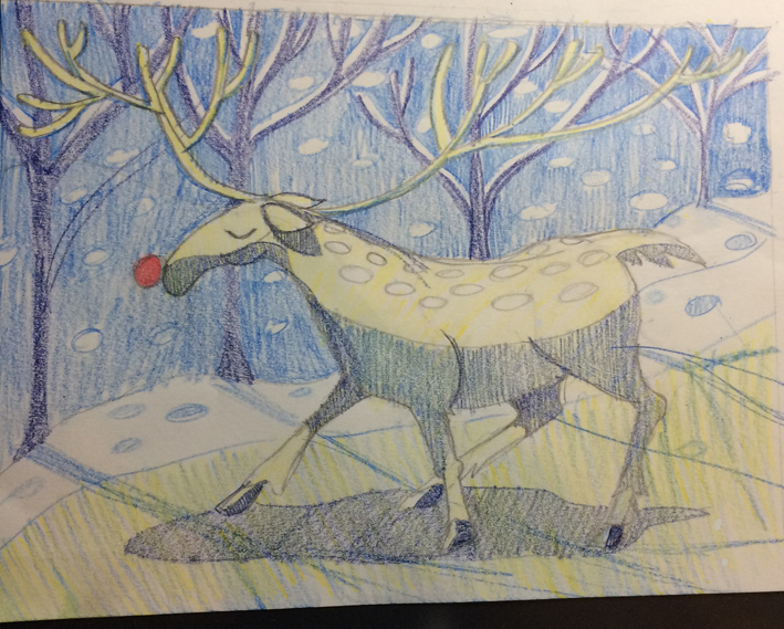 pencil crayon reindeer sketch by Myfanwy Tristram