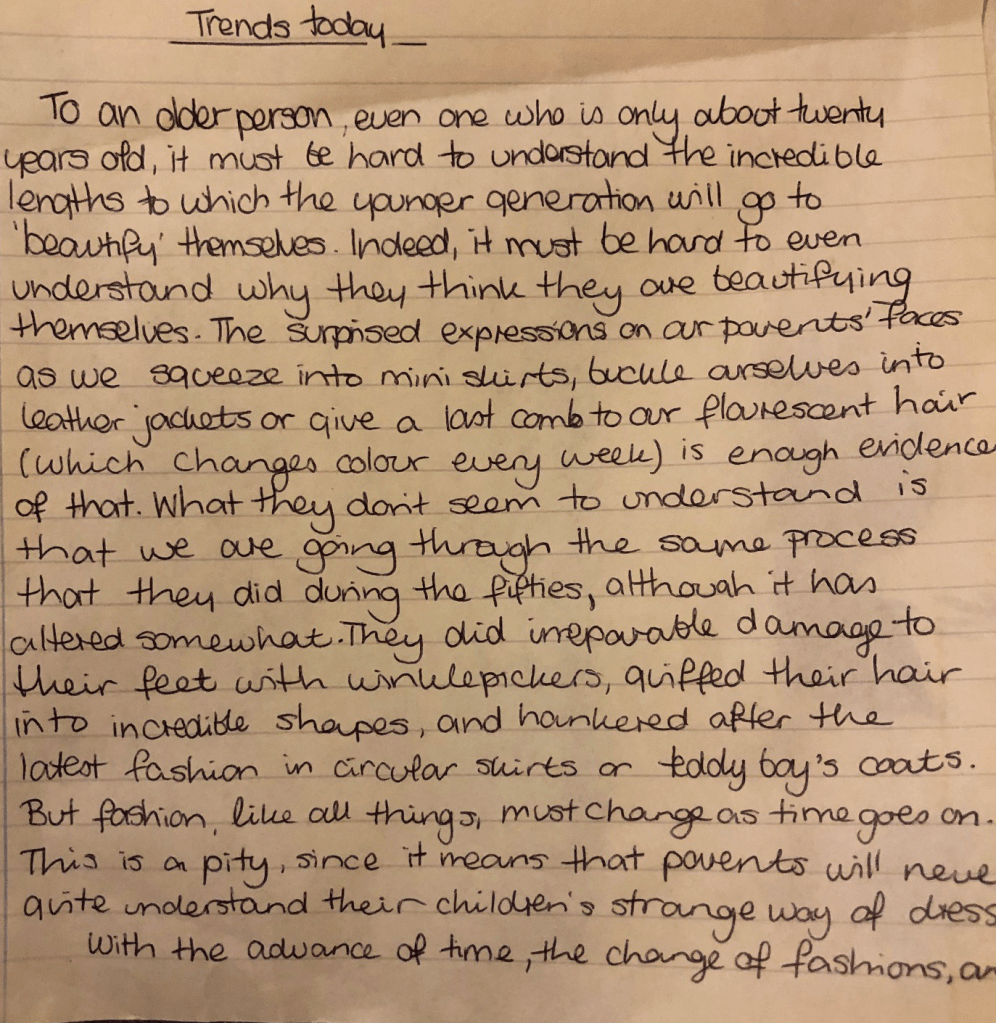 An essay by the young Myfanwy Tristram, pointing out that parents shocked by 80s fashions were just as bad with their winklepickers and circular skirts. (part 1)