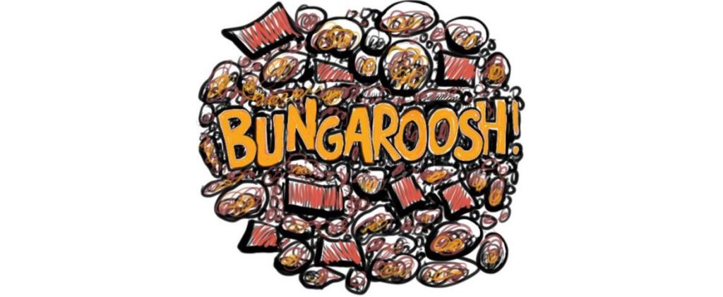 Bungaroosh comics logo - a load of rocks and bricks with Bungaroosh written across it