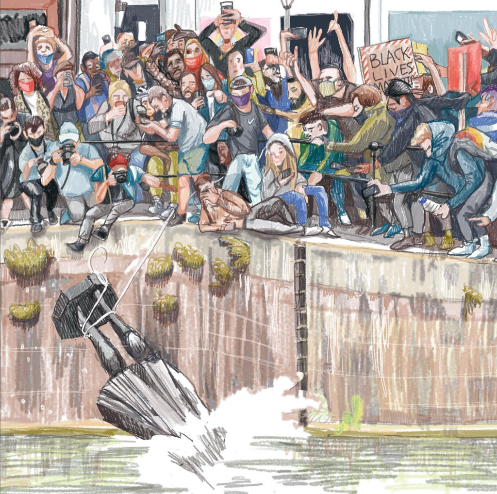 Excerpt from a double spread of Myfanwy Trsitram's book 'Sorry for the Inconvenience We Are Trying to Save the World' showing the toppling of the Colston statue