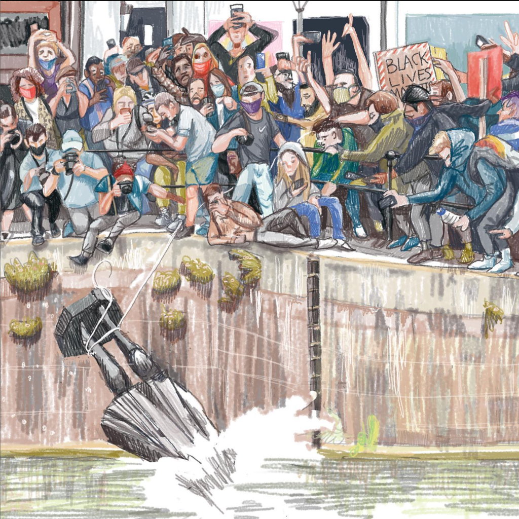 Excerpt from a double spread of Myfanwy Trsitram's book 'Sorry for the Inconvenience We Are Trying to Save the World' showing the toppling of the Colston statue