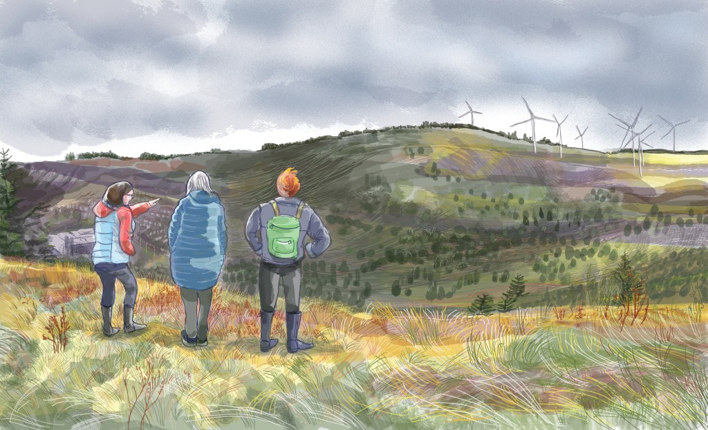 Drawing of the view at the top of Maerdy mountain by Myfanwy Tristram