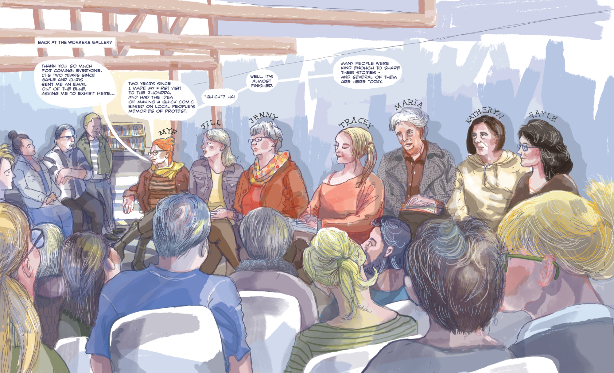 Drawing of people speaking in a gallery, with a full audience.