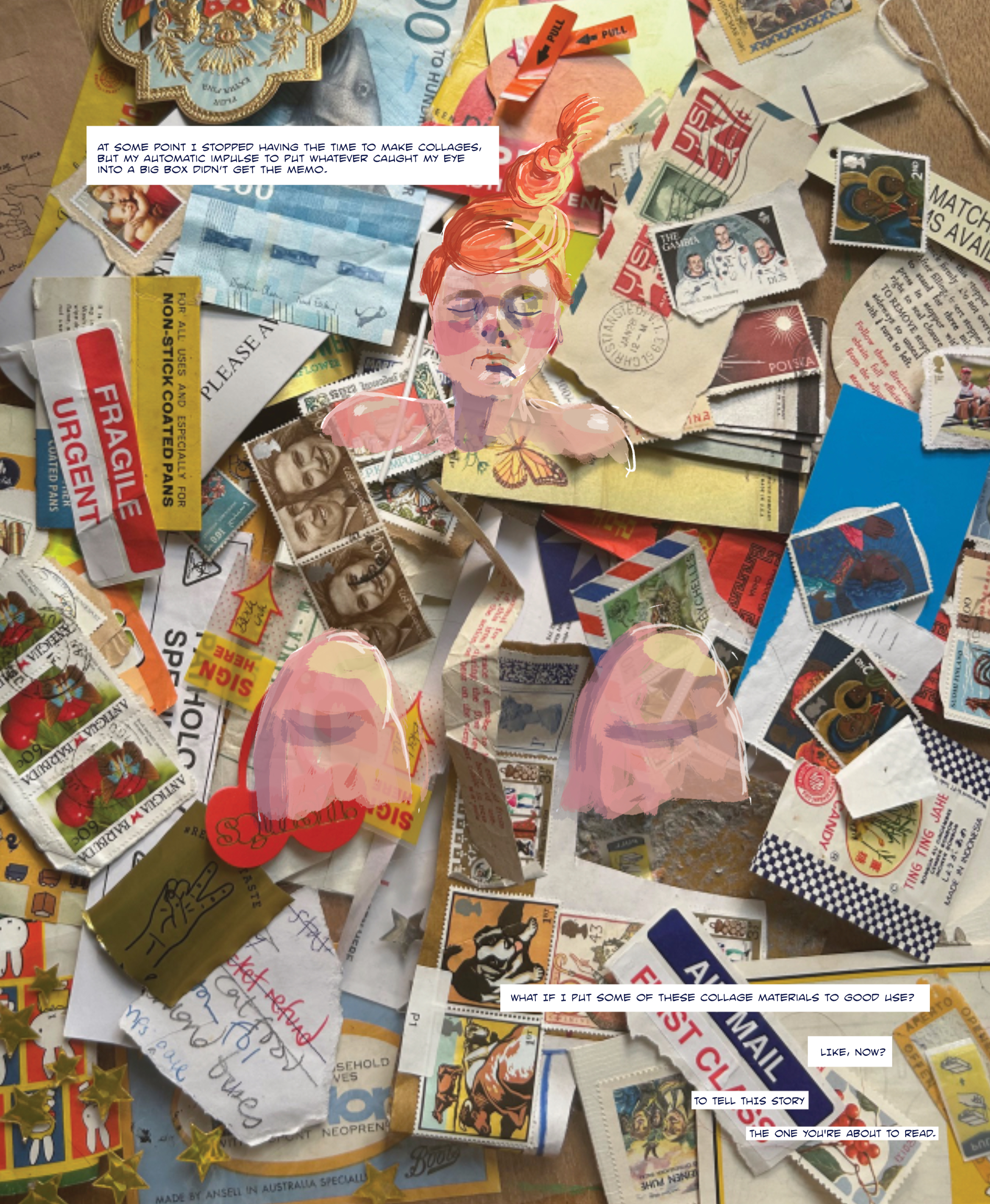 A page from Running Out by Myfanwy Tristram. A naked woman is submerged in stamps and other pieces of paper ephemera