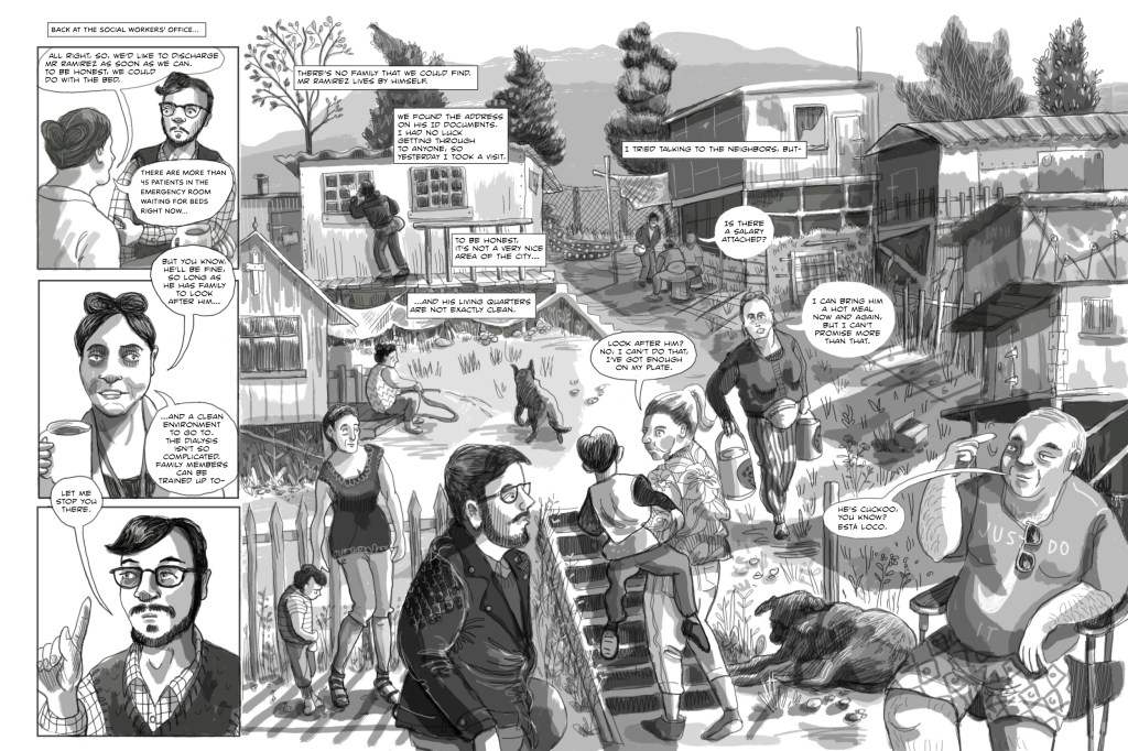 A double spread in which a Chilean doctor goes to inspect where a patient lives in Santiago - it is a shack in a run down area of the city. By Myfanwy Tristram