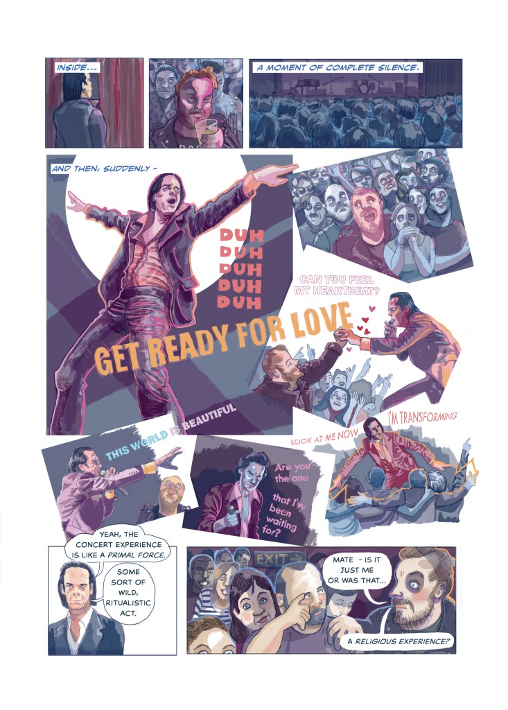 A page from Myf Tristram's comic about crowds in DenCuty, depicting Nick Cave in concert and the effect on the audience