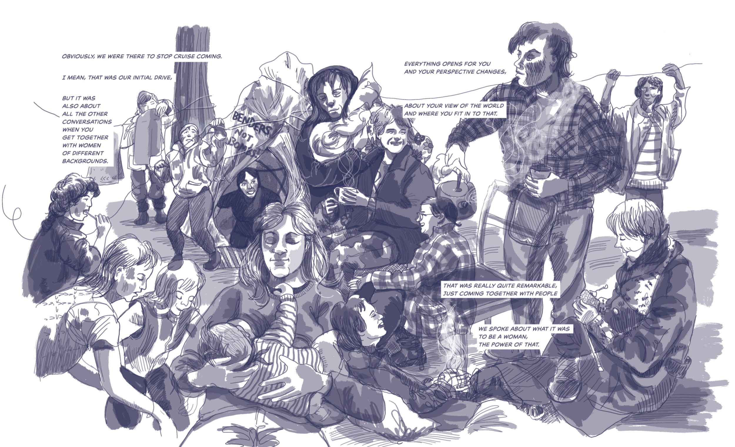 A mass of women engaged in activities at Greenham Common Peace camp. Illustration by Myfanwy Tristram