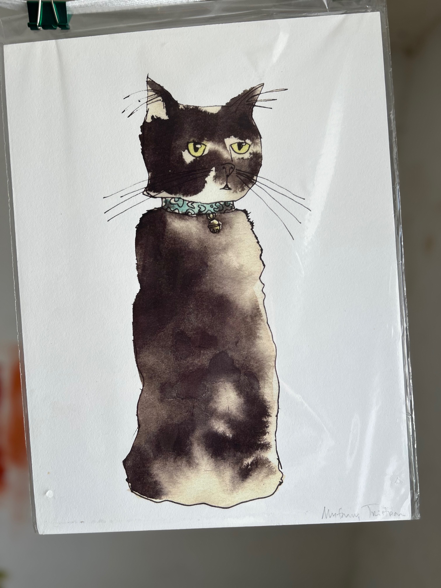 Skittle cat - an inky painting of a black cat sitting upright