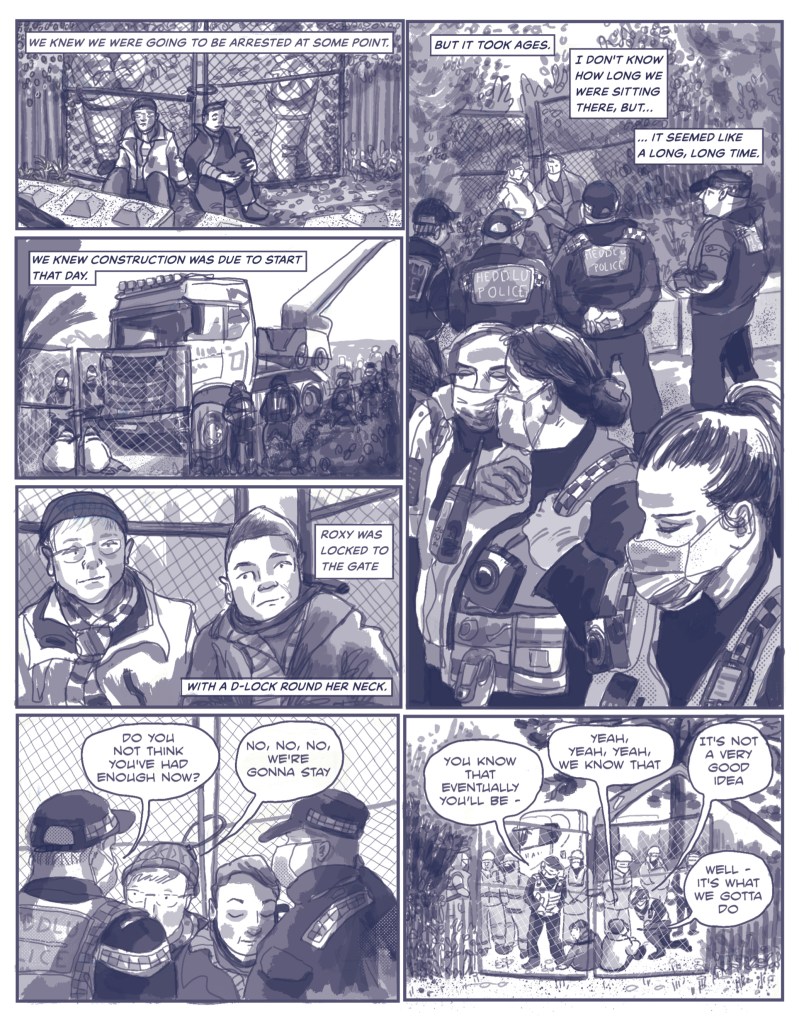 A page from the Noisy Valley by Myfanwy Tristram, showing a protest against the redevelopment of the Northern Meadows in Cardiff