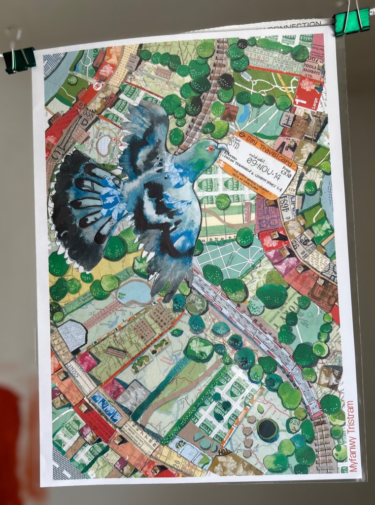 Pigeon flying over a town with a one day travelcard - print from a collage