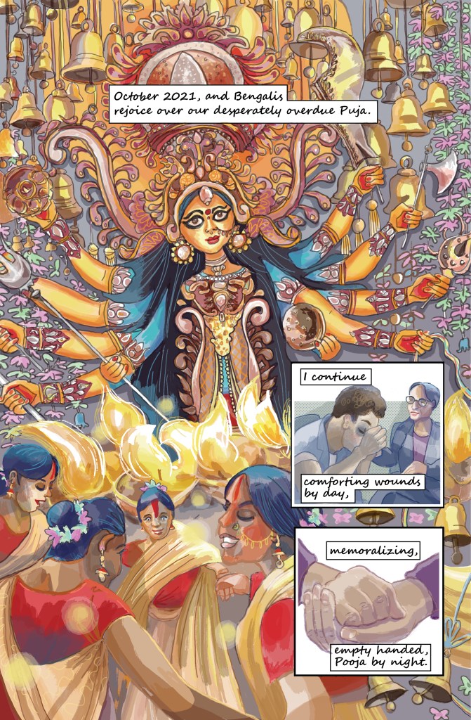 A page from a comic showing a resplendant Hindu goddess in gold, with many arms. There are bells all around her. People are dancing.