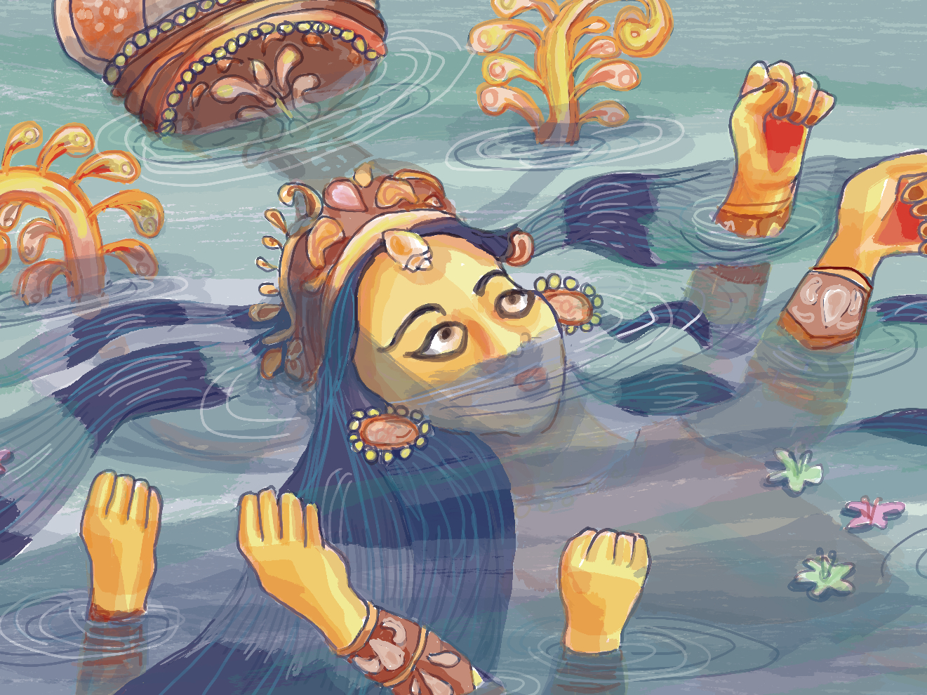 Indian goddess submerged in water
