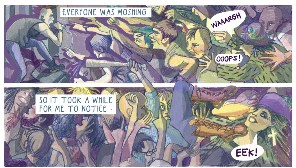A couple of panels showing people moshing at a gig
