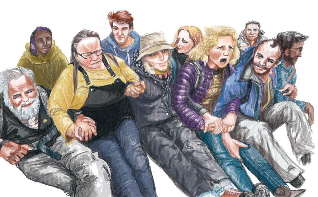 Extinction Rebellion protesters blocking the road - illustration by Myfanwy Tristram