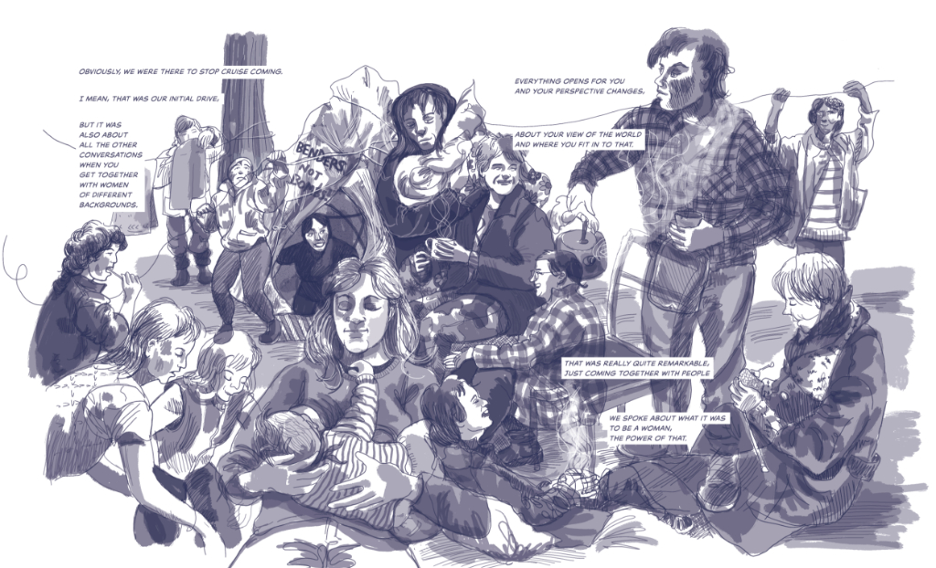 A busy mass of woman at Greenham Common - illustration by Myfanwy Tristram